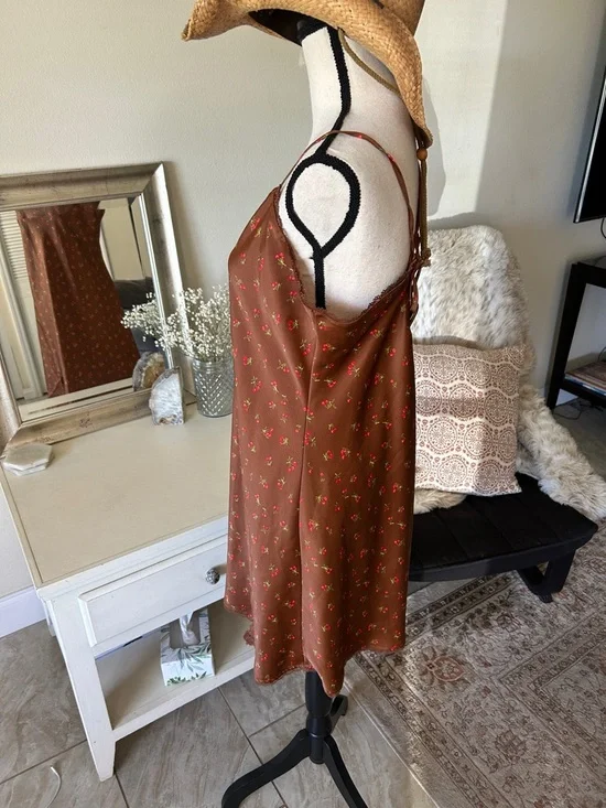 Wild fable, Brown, cherry print lace trim, slip mini dress large - Picture 4 of 11